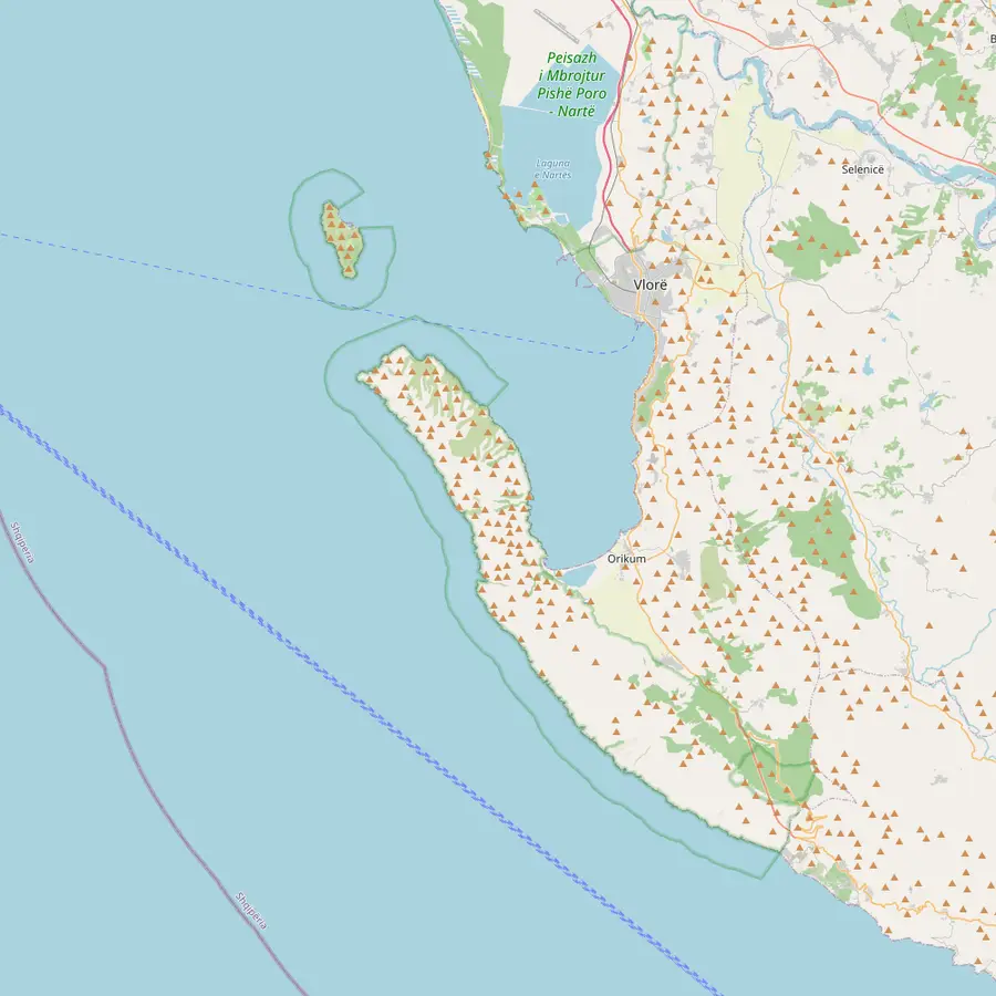Map of the Bay of Vlorë with Sazan island, the Karaburun peninsula, Orikum and the coast south to Grama Bay
